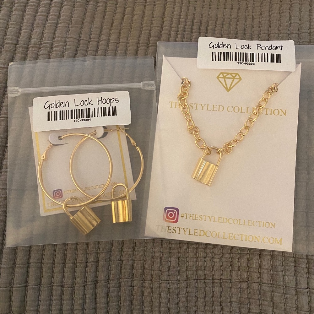 Gold Lock Necklace & Earring Set